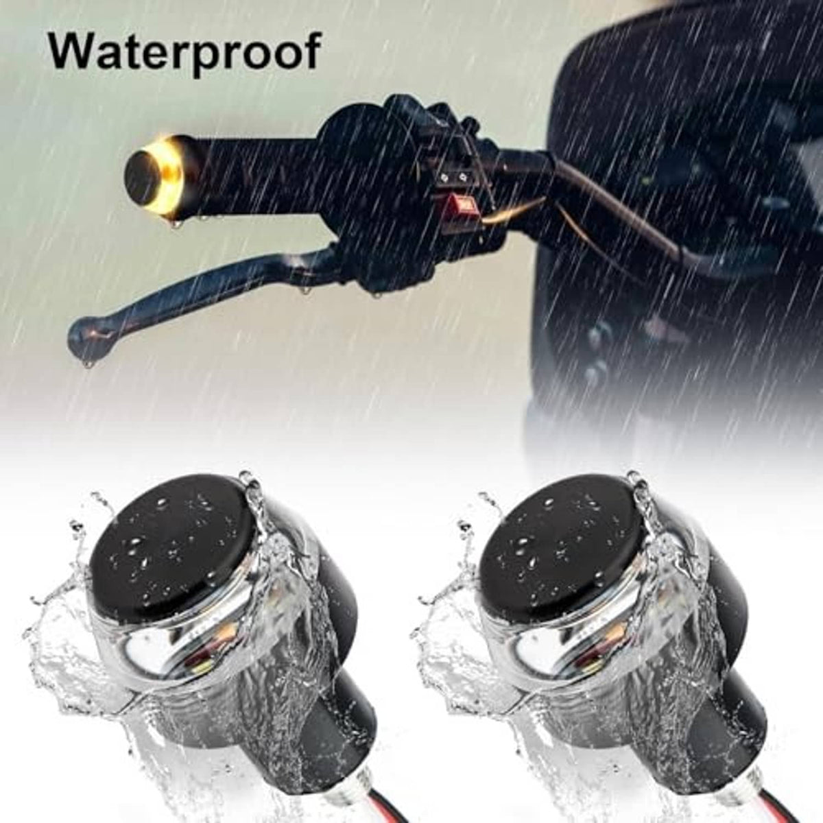 Pair of waterproof motorcycle LED turn signal bulbs with black housings and clear lens