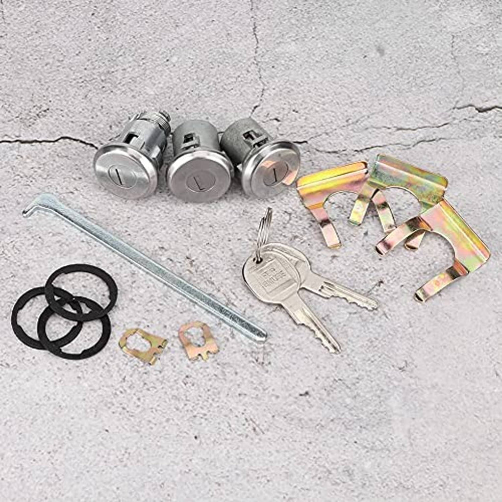 Door/trunk lock cylinder key set with 3 cylinders, 2 keys, O-rings and U-mount brackets