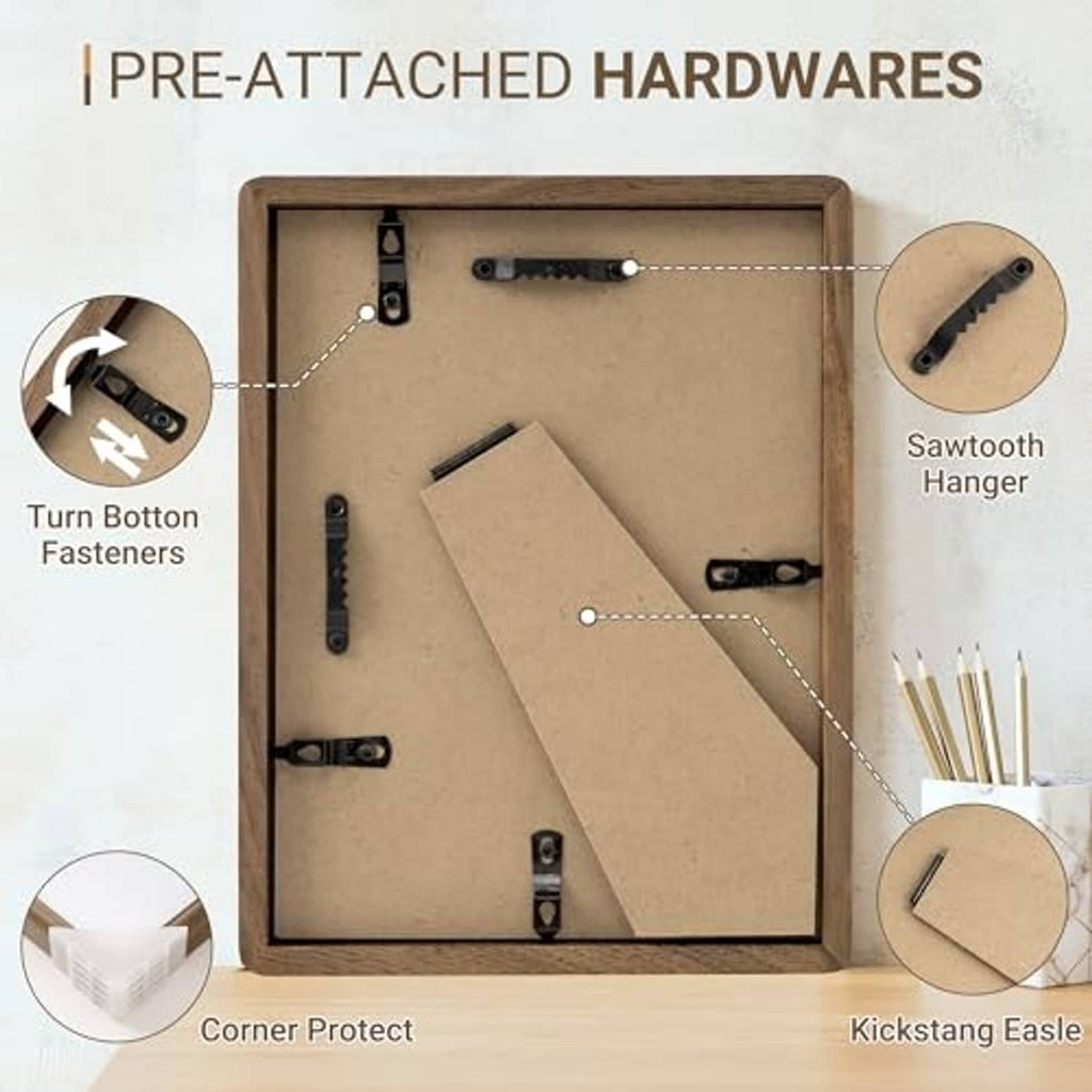 Back of a walnut picture frame with pre-attached hardware, including hanger and kickstand