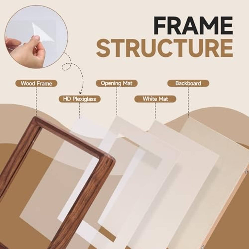 Wood picture frame with clear cover and white mat, back structure shown