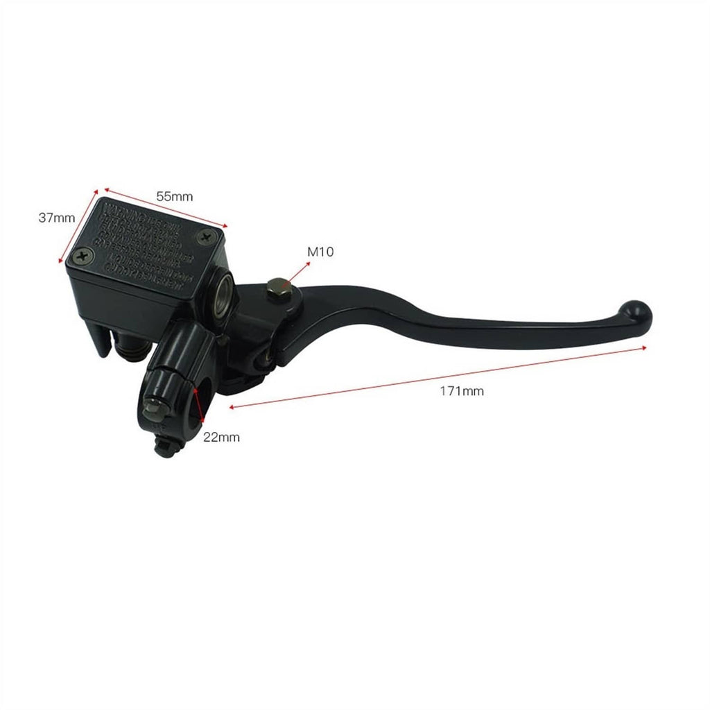 Brake master cylinder with black lever and size measurement details