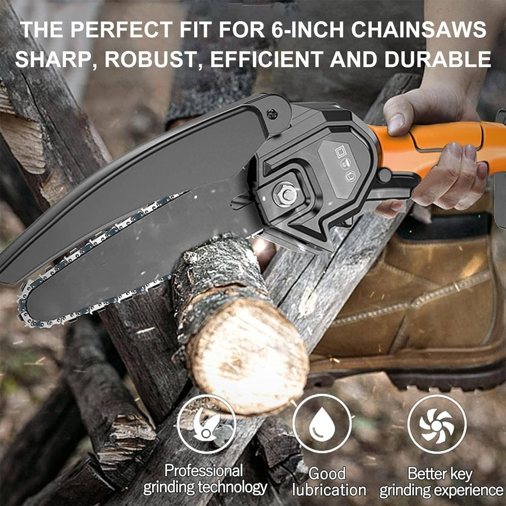 Mini chainsaw with replacement chain cutting wood log, handheld tool