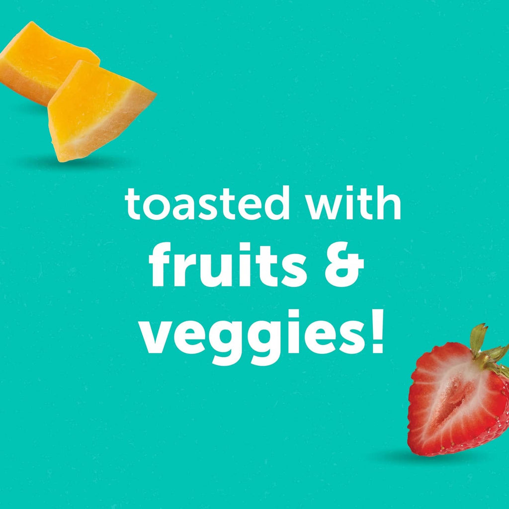 Toasted mini waffles snack graphic with fruits and veggies icons.