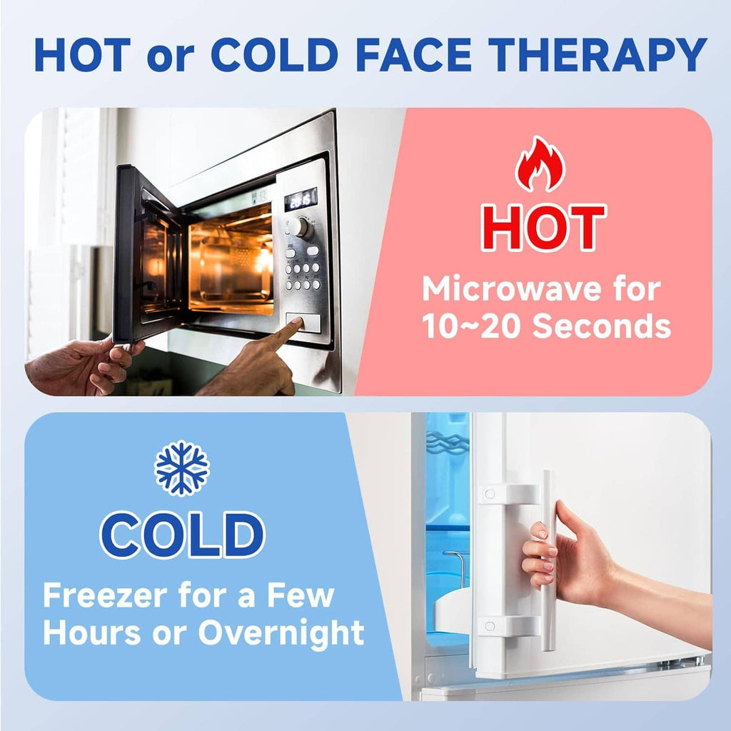 Blue face therapy gel mask kit shown for hot or cold use