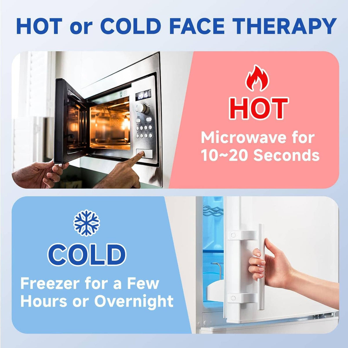 Blue face therapy gel mask kit shown for hot or cold use