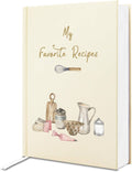 Cream hardcover cookbook cover with “My Favorite Recipes” and small kitchen item drawings