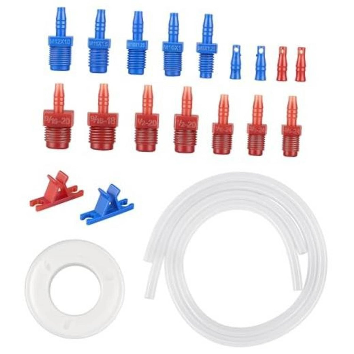 Brake bleeder kit with assorted blue and red fittings, clips, and white tubing