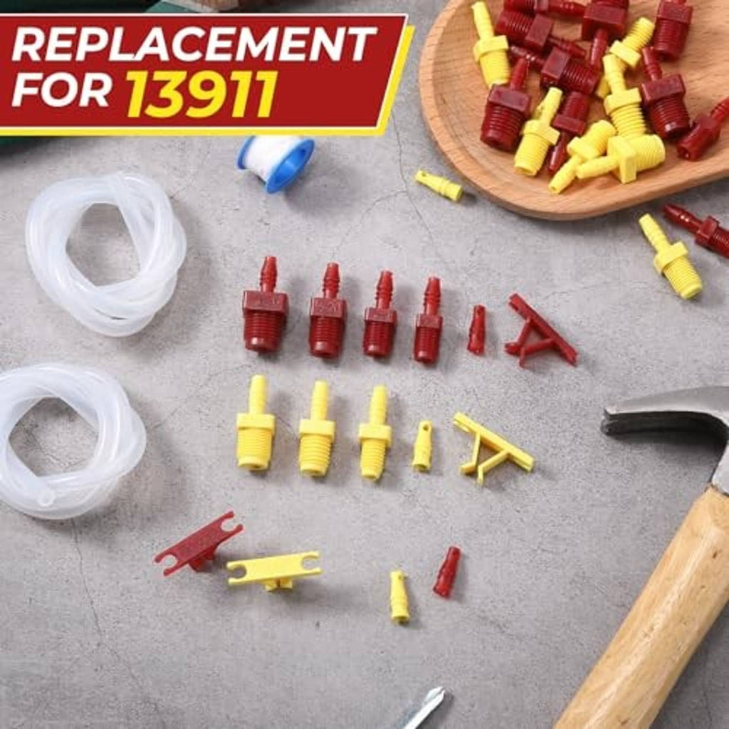 Replacement bleeder kit pieces with clear hoses, red and yellow fittings, clips, and PTFE tape