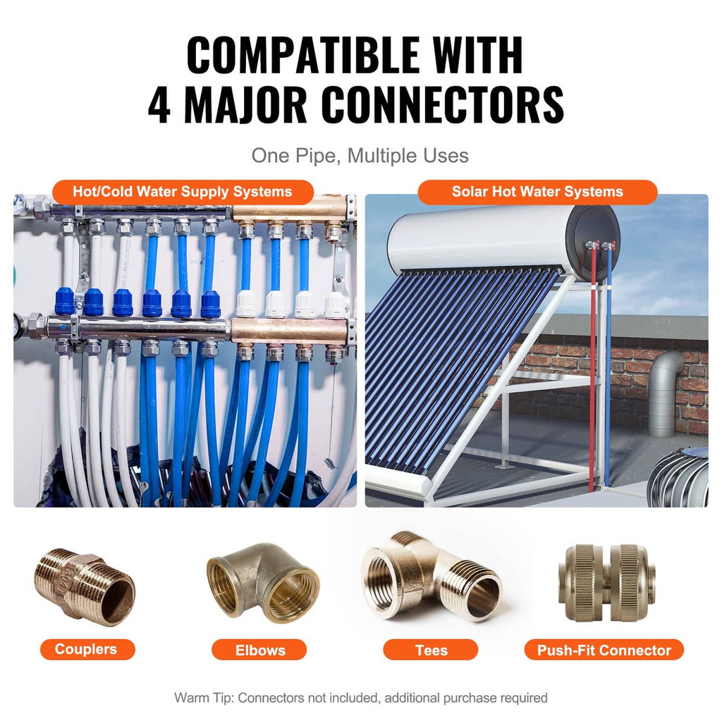 Blue PEX-B tubing coil with connector fittings set, including couplers and tees