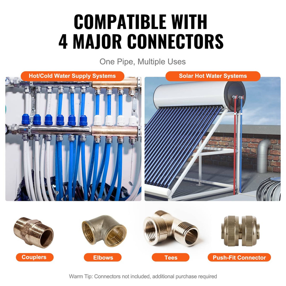 Blue PEX-B tubing coil with connector fittings set, including couplers and tees