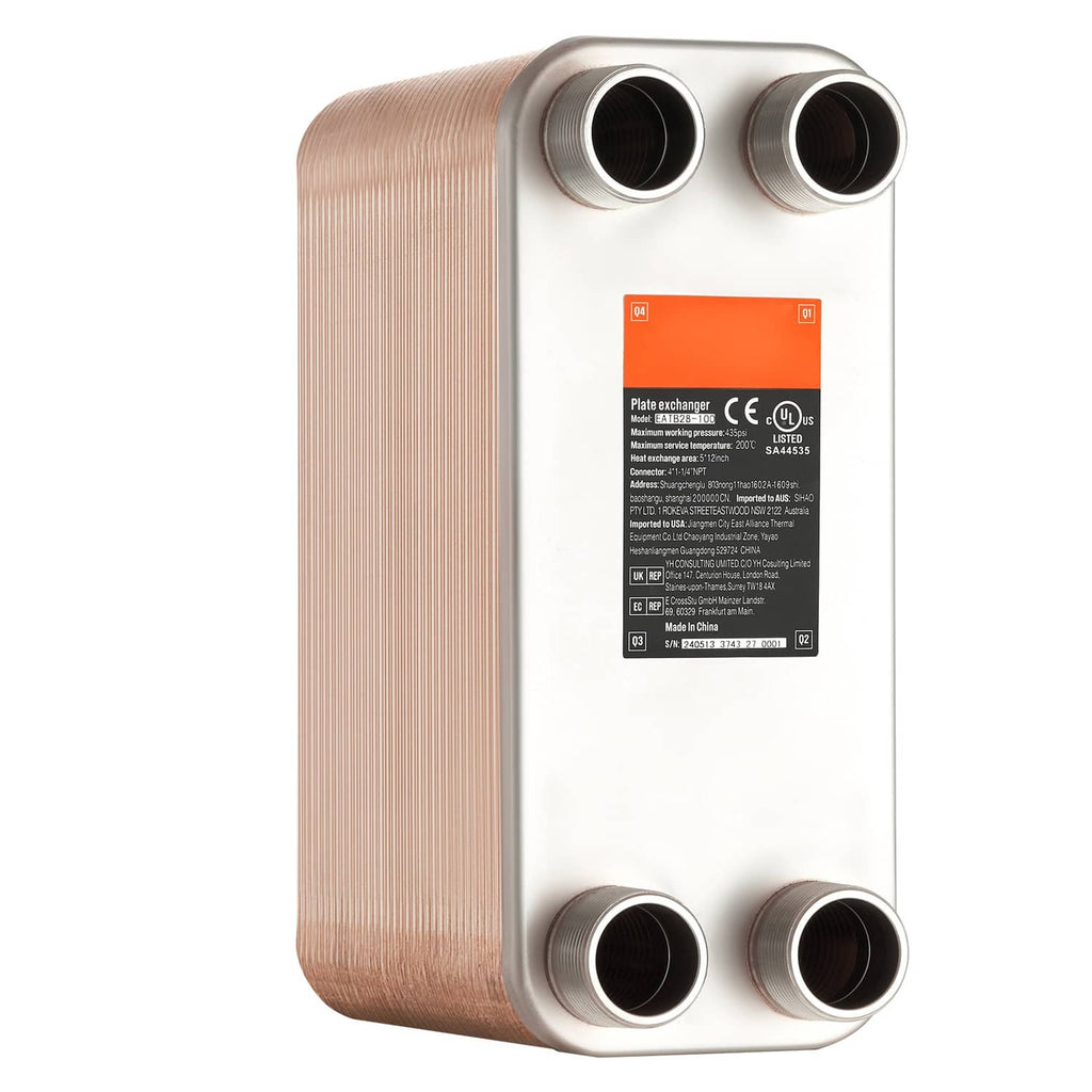Copper brazed plate heat exchanger with four 1-1/4 in MNPT ports and data label