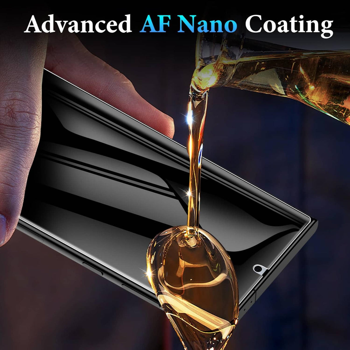 Black AF nano-coated screen protector film with edge drop resistance