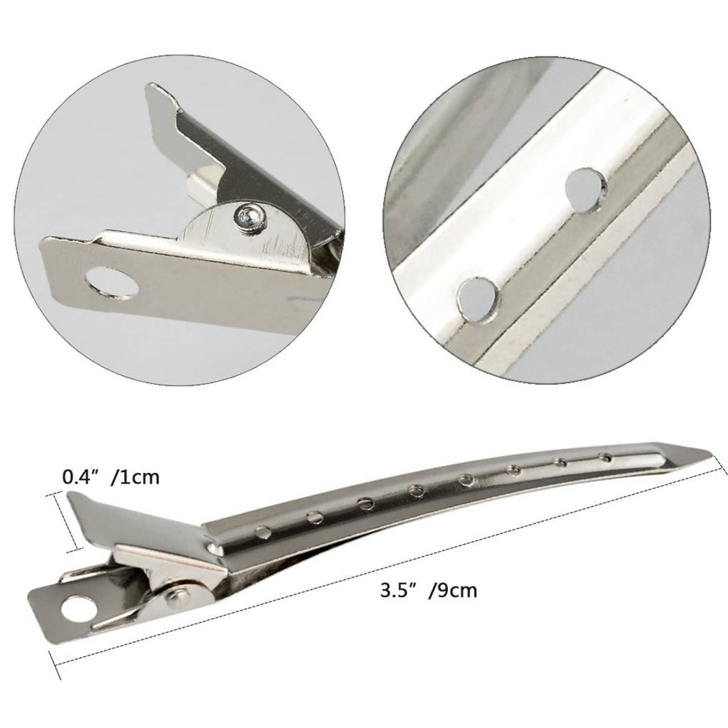 Close-up of metal duck-bill clip with pivot hinge and fastening teeth, 3.5 in