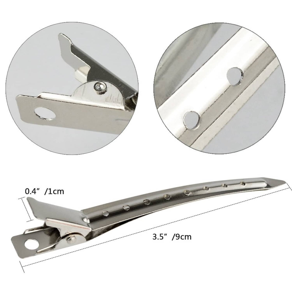 Close-up of metal duck-bill clip with pivot hinge and fastening teeth, 3.5 in