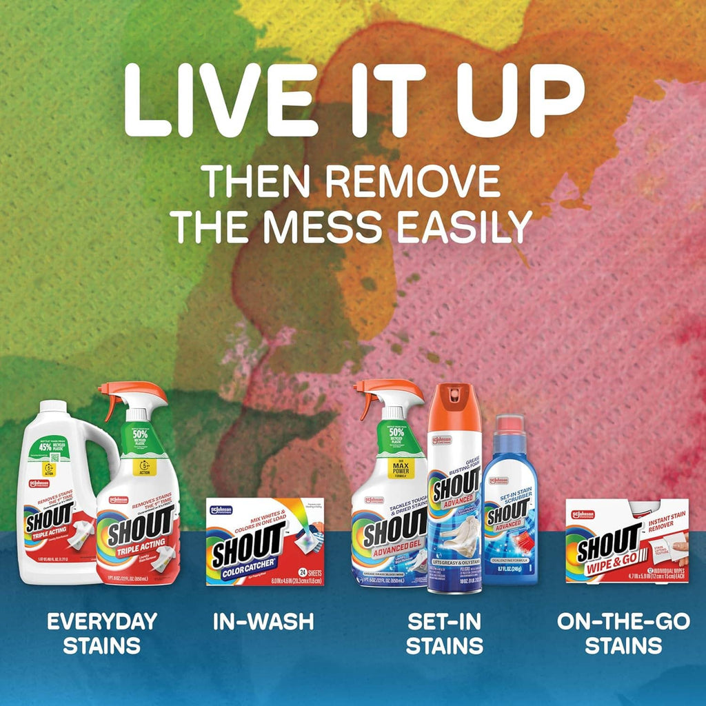 Shout stain remover products lineup featuring a blue gel bottle with red cap.