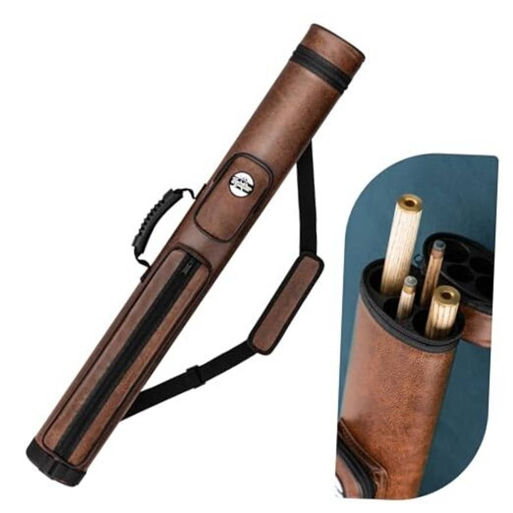 Brown 2x2 pool cue case with shoulder strap and end handle pocket