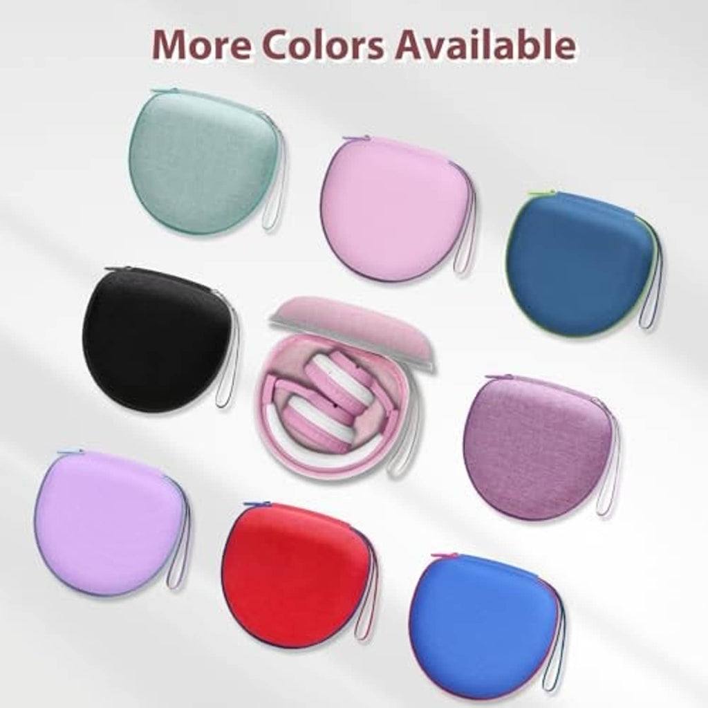 Pink kids headphone hard cases lineup with zipper and wrist strap on display.