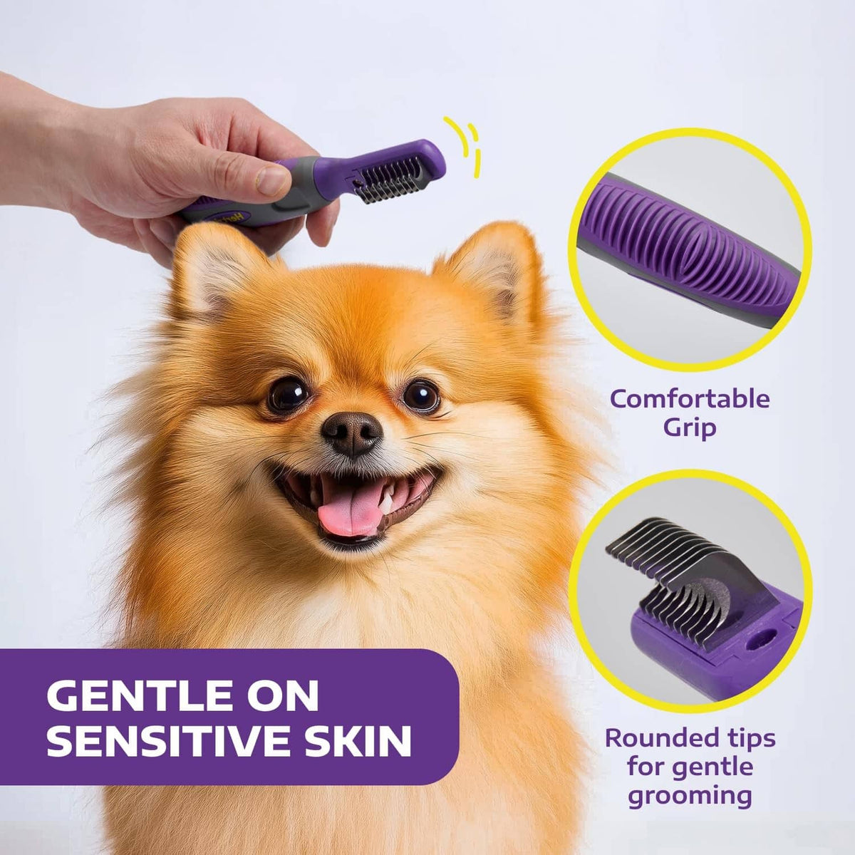 Purple dematting comb tool with comfort grip and rounded metal tips on small dog