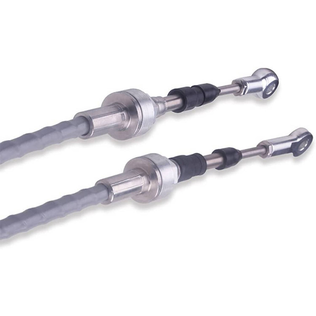 Pair of shifter cable linkages with silver adjusters and black rubber boots