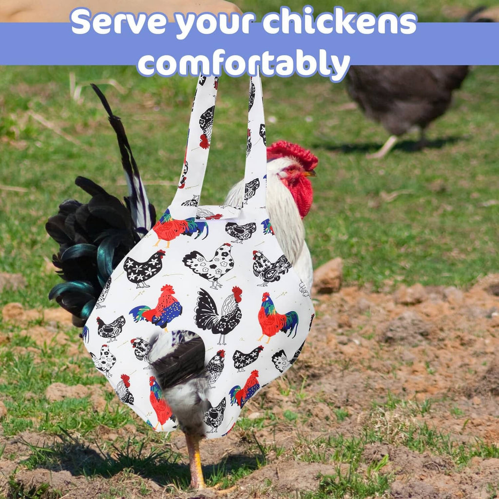 White chicken carrier sling with handle, rooster and hen pattern, held in yard
