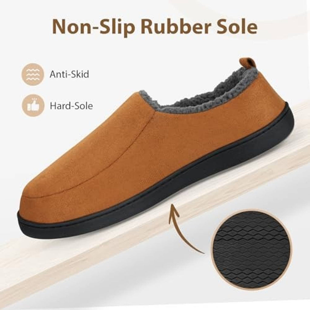 Orange-brown slip-on slipper with plush lining and textured dark rubber sole