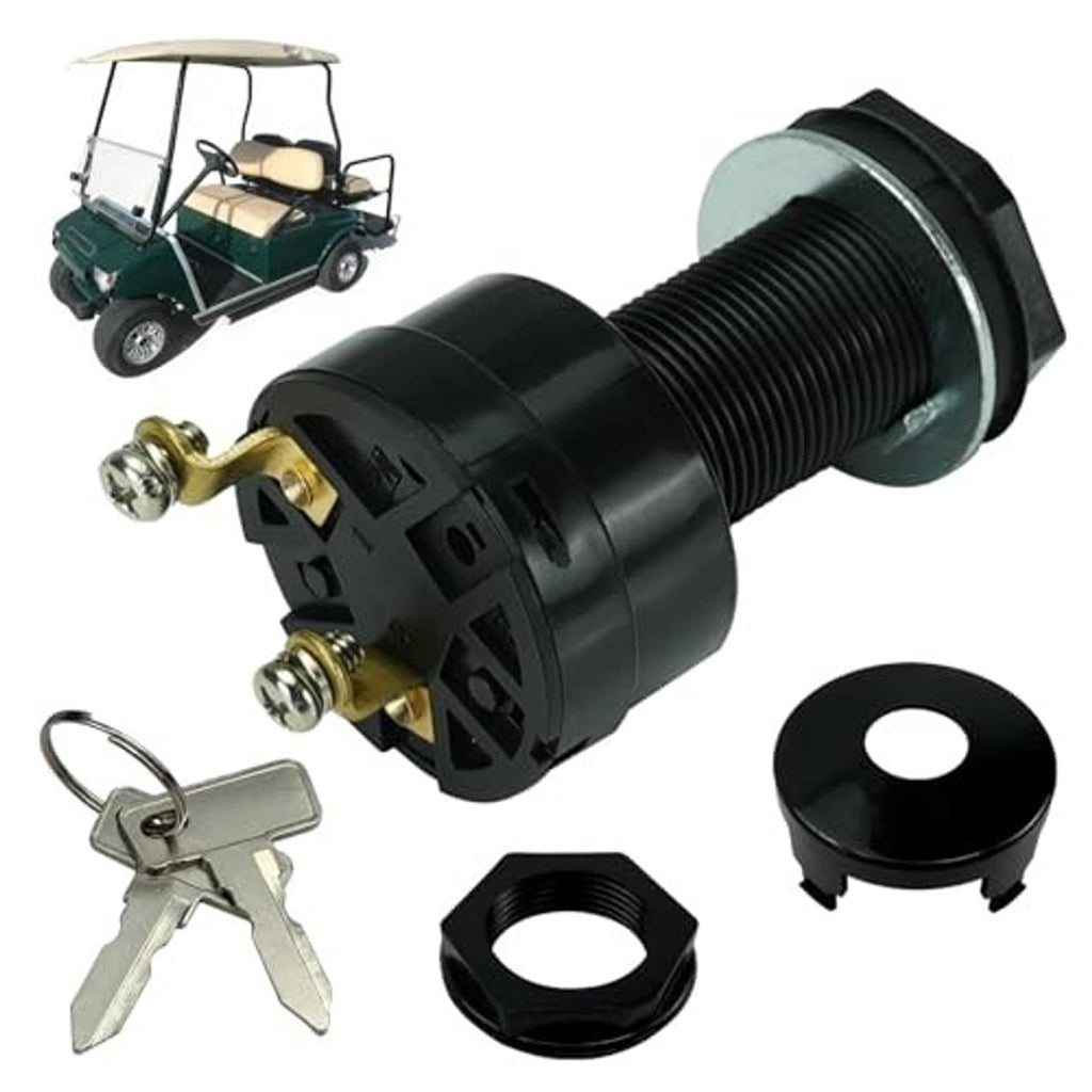 Black starter key switch with threaded shaft, two keys, black nut, and protective cap
