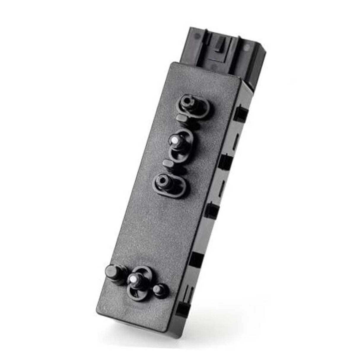 Driver-side power seat switch with gray panel and three button controls, black connector ends