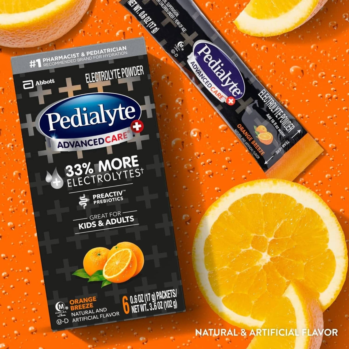 Pedialyte AdvancedCare electrolyte powder packet box with folded packet
