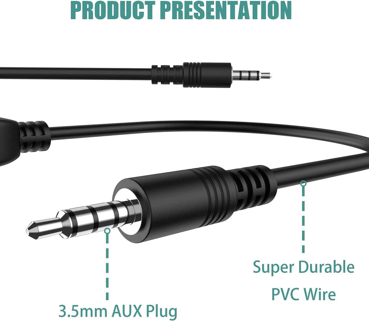 Black 3.5mm AUX plug to USB-female audio adapter cable with ribbed strain relief