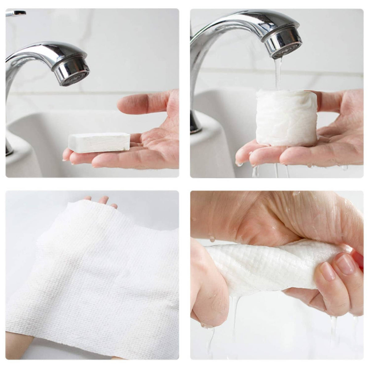 White compressed towel squares shown rinsed under faucet and unfolding