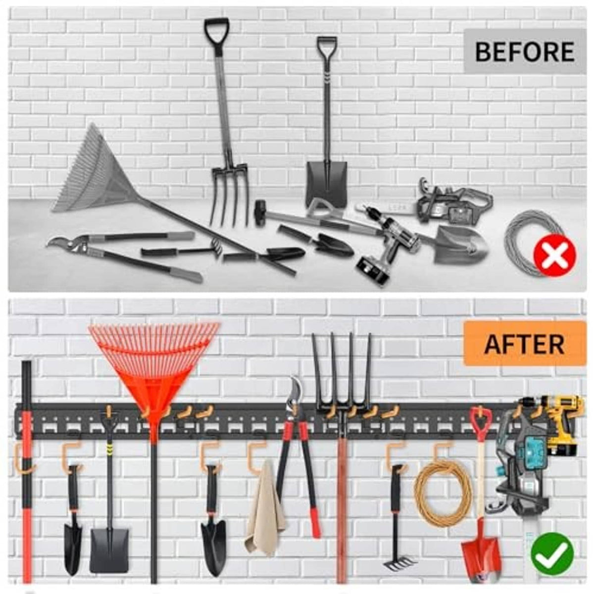 Wall-mounted pegboard tool organizer with orange hooks and hanging gardening tools