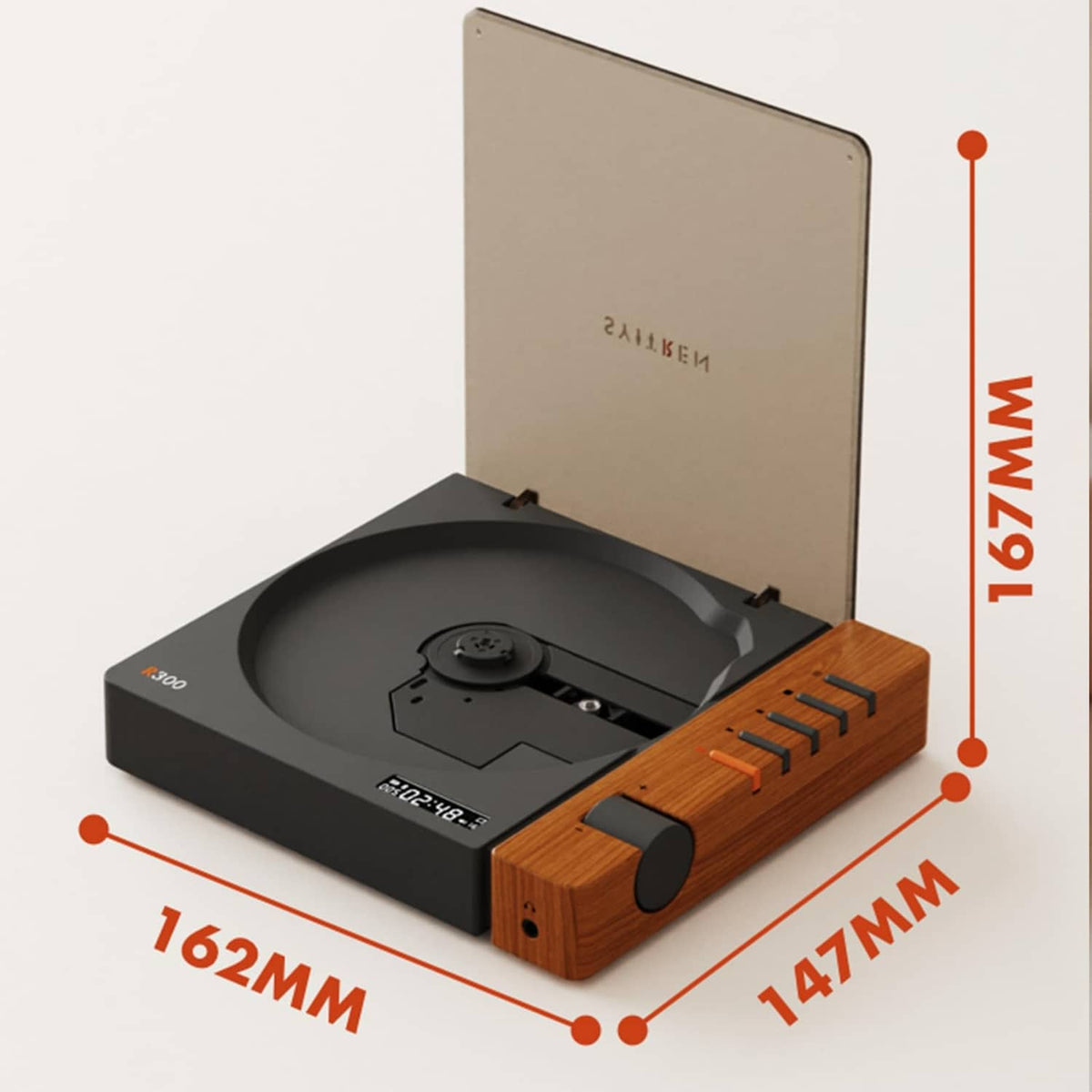 Portable retro CD player with open lid and wood side panel, front view