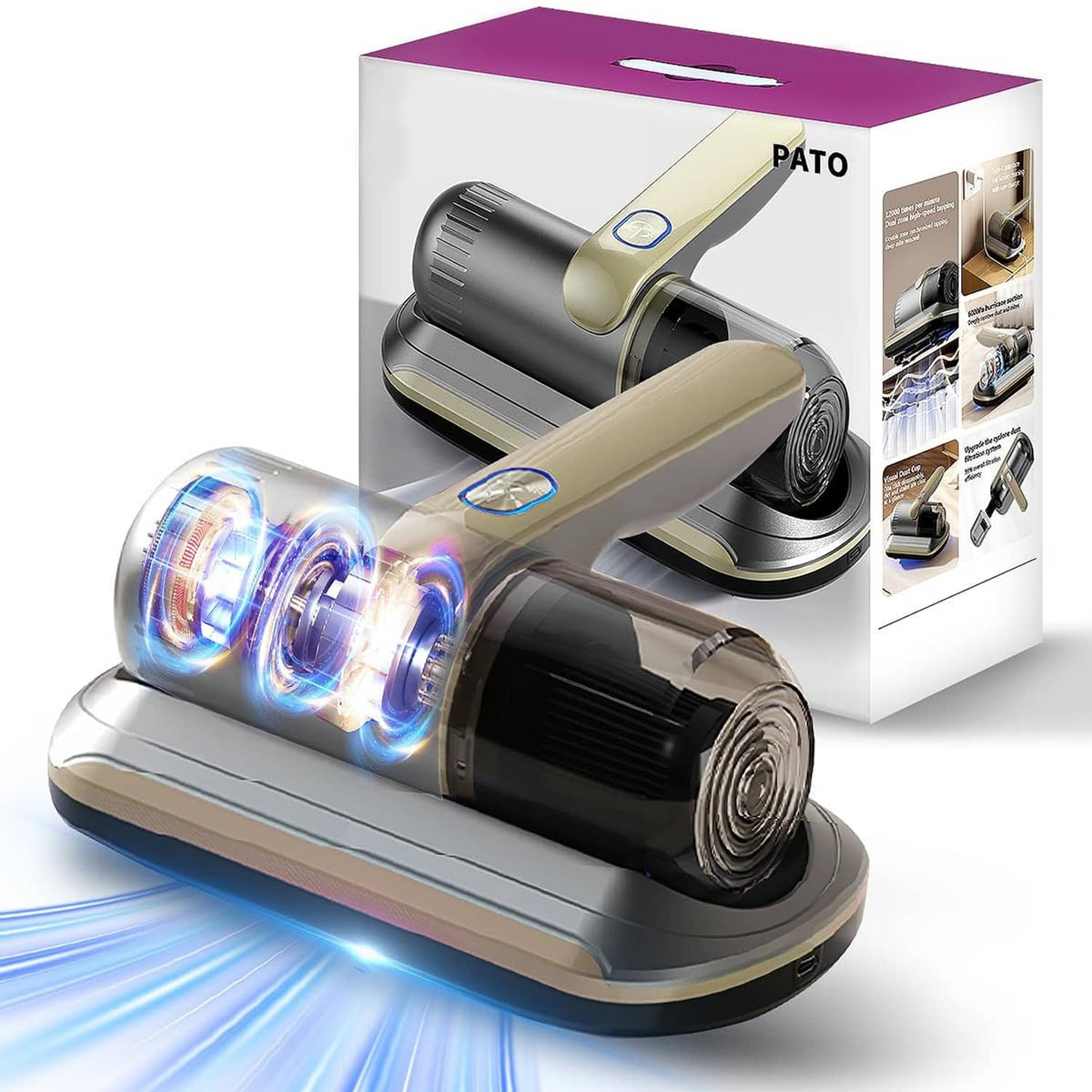 Wireless handheld mattress vacuum cleaner with golden beige body and rotating brush roll