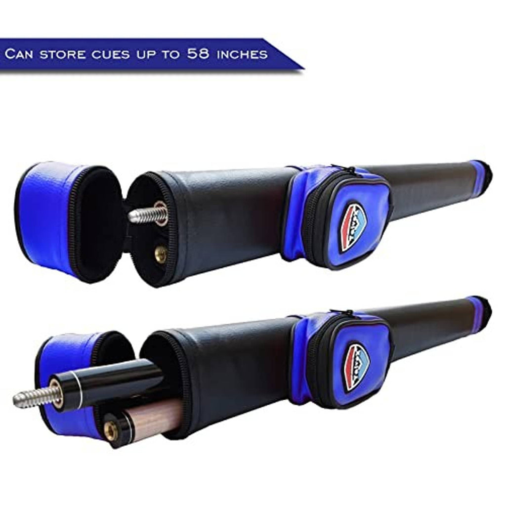 Hard pool cue case showing circular end cap and blue zip pockets for accessories