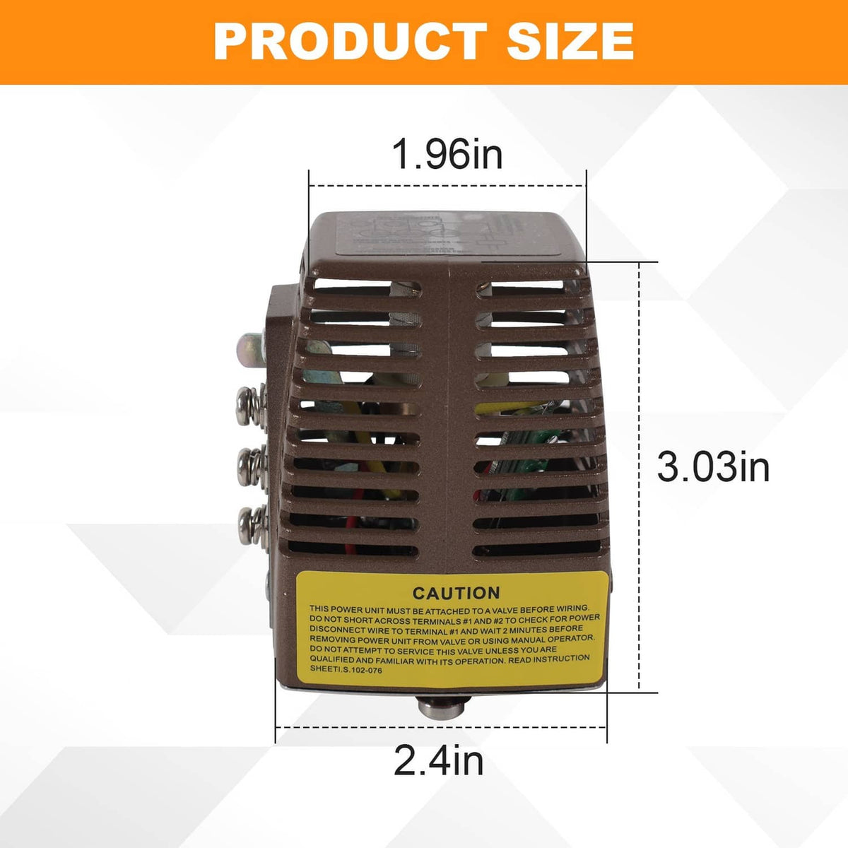 Power head size diagram: 1.96in x 3.03in x 2.4in, bronze vented housing