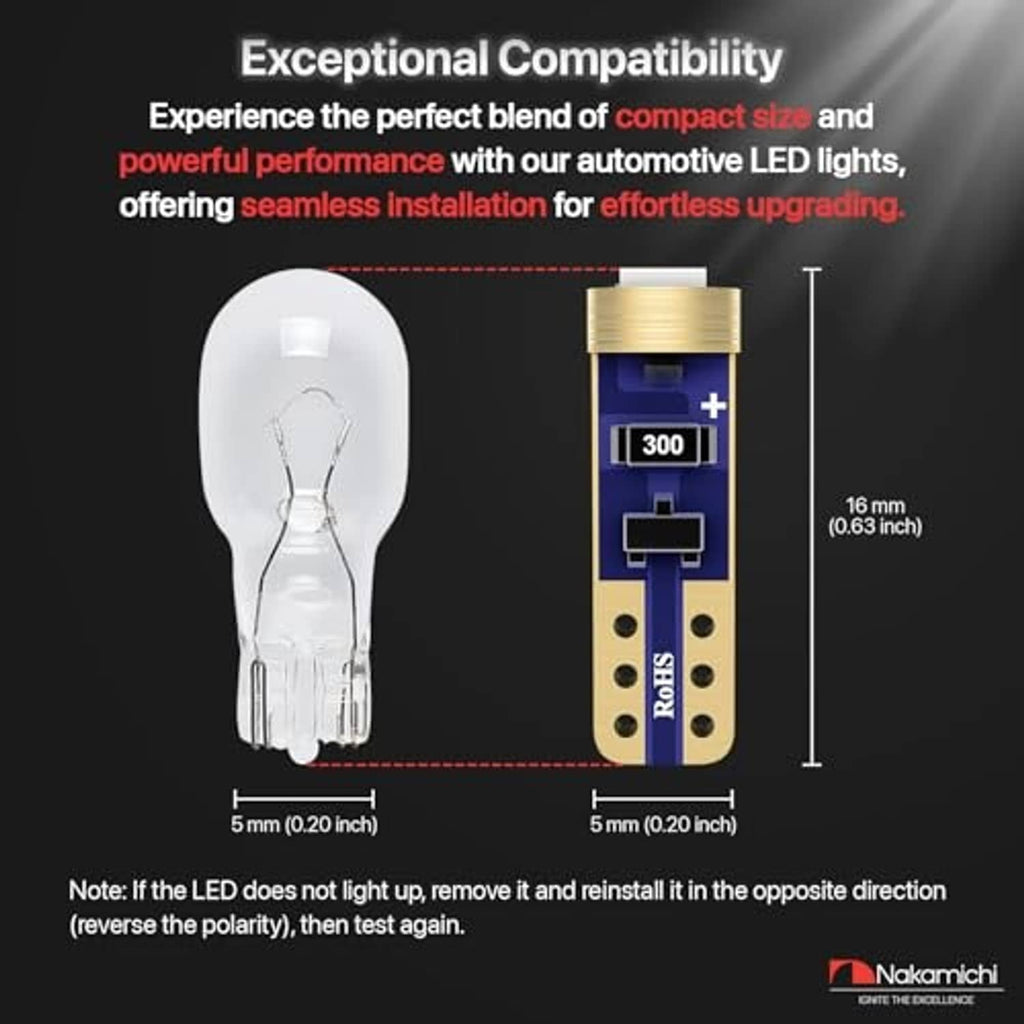 T5 LED instrument bulb with size diagram and 300 marking for compact installation