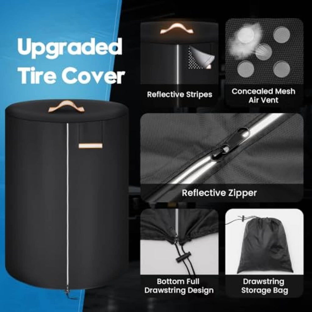 Black tire cover with reflective stripes, zipper front, and concealed air vent