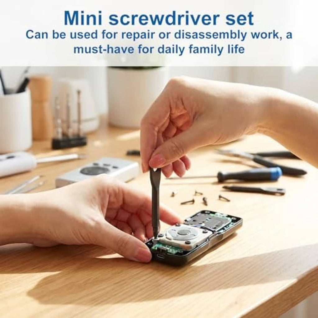 Mini precision screwdriver set with keychain style handle, used on small device screws