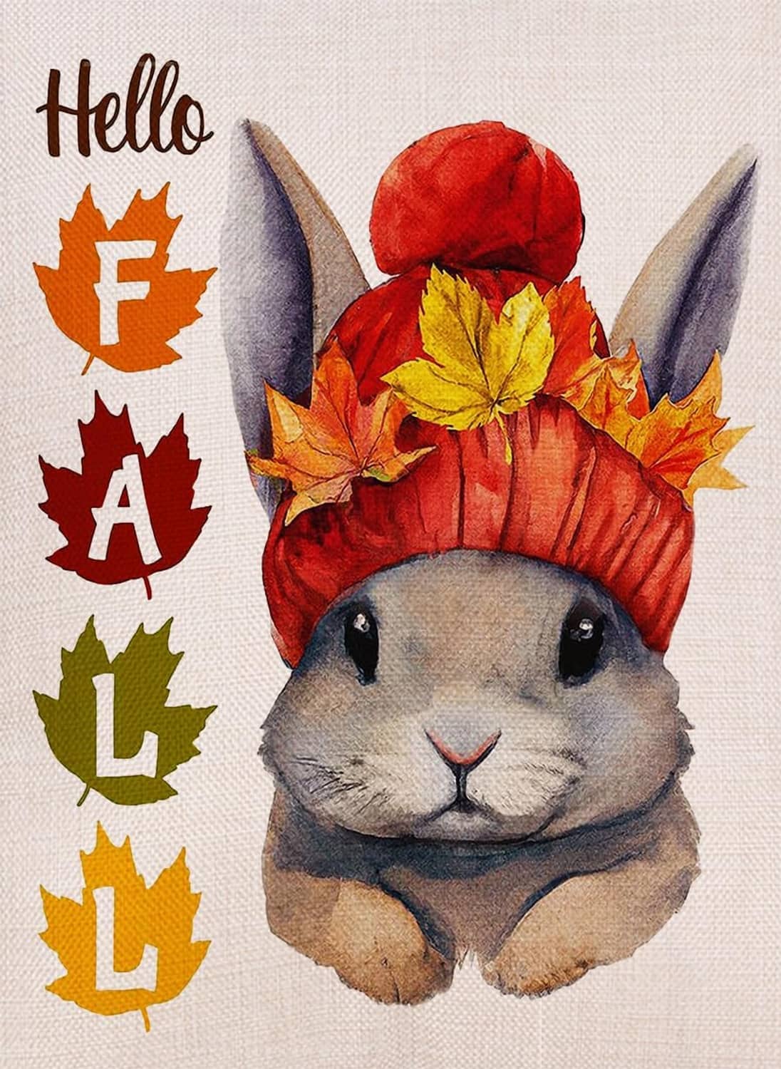 Hello Fall rabbit garden flag close-up with 'Hello' letters and colorful leaf accents
