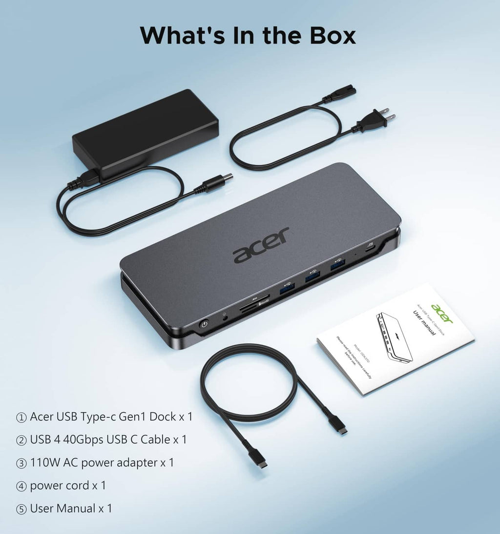 Acer USB-C docking station kit with USB-C cable, power adapter, and user manual