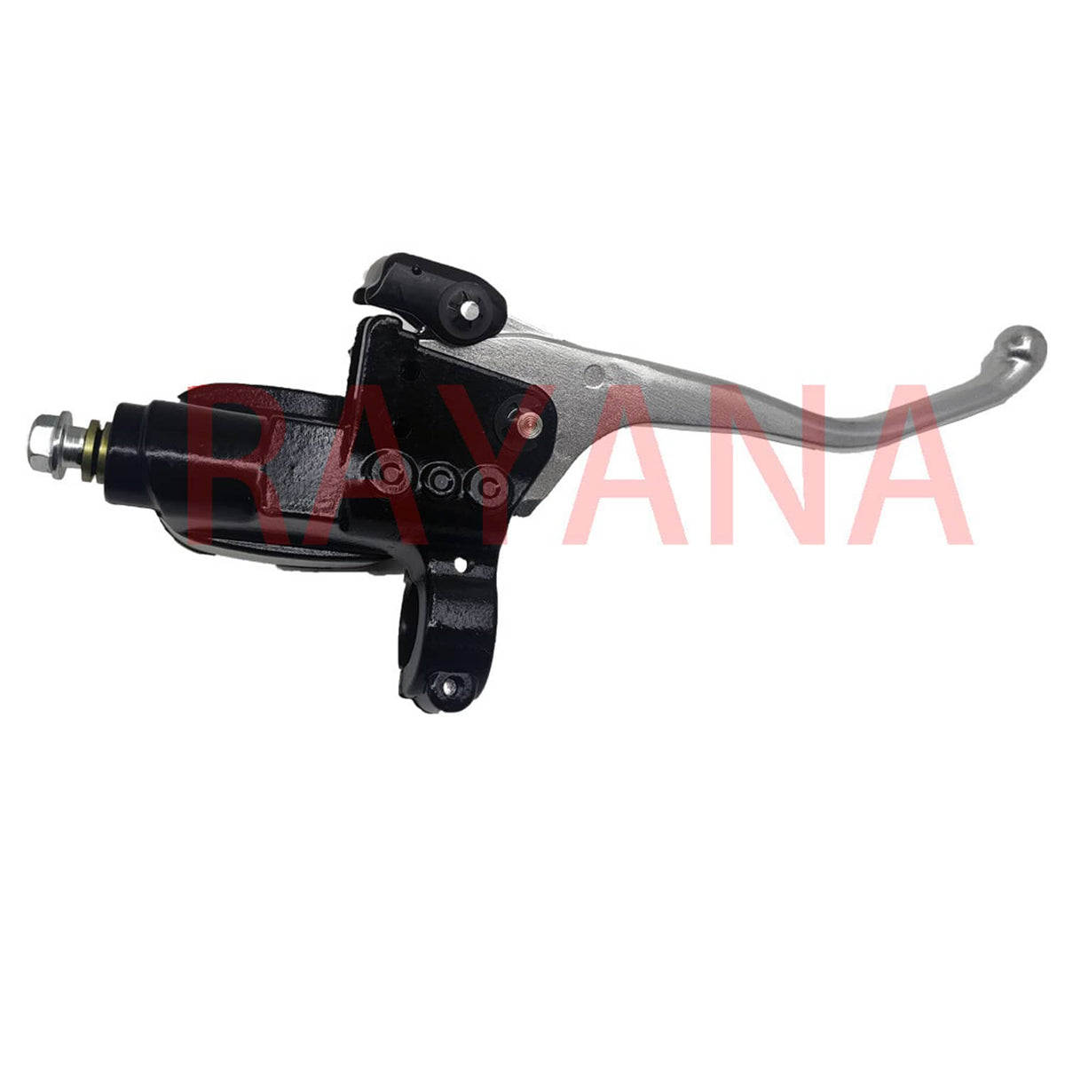 Front brake master cylinder lever side view, black body with silver lever and mounting stud