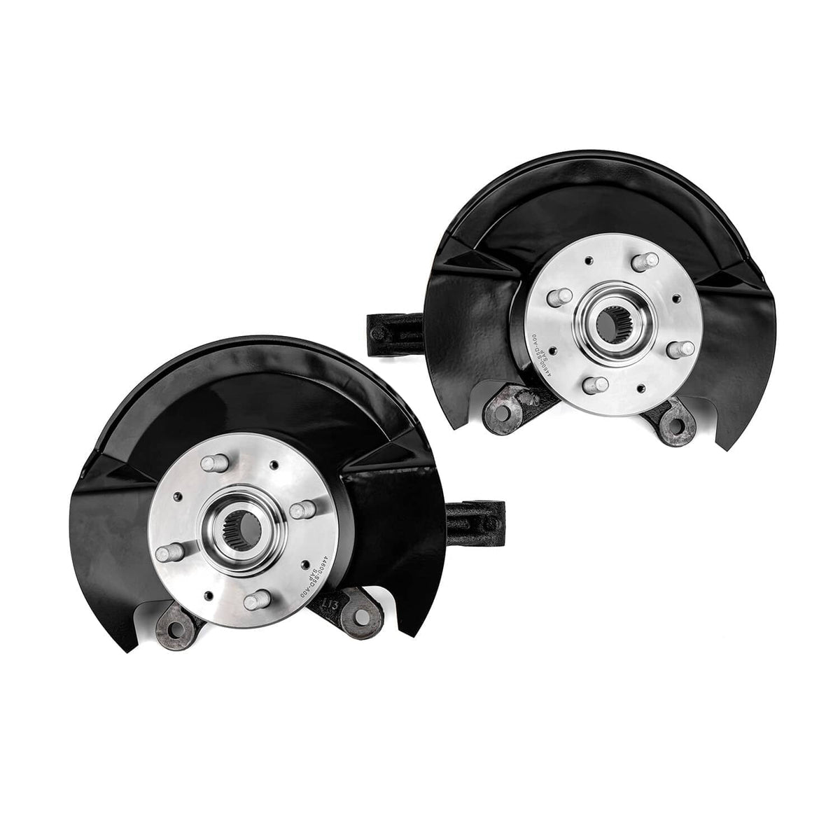 Pair of front wheel hub bearing steering knuckle assemblies, silver hub plate on black housing
