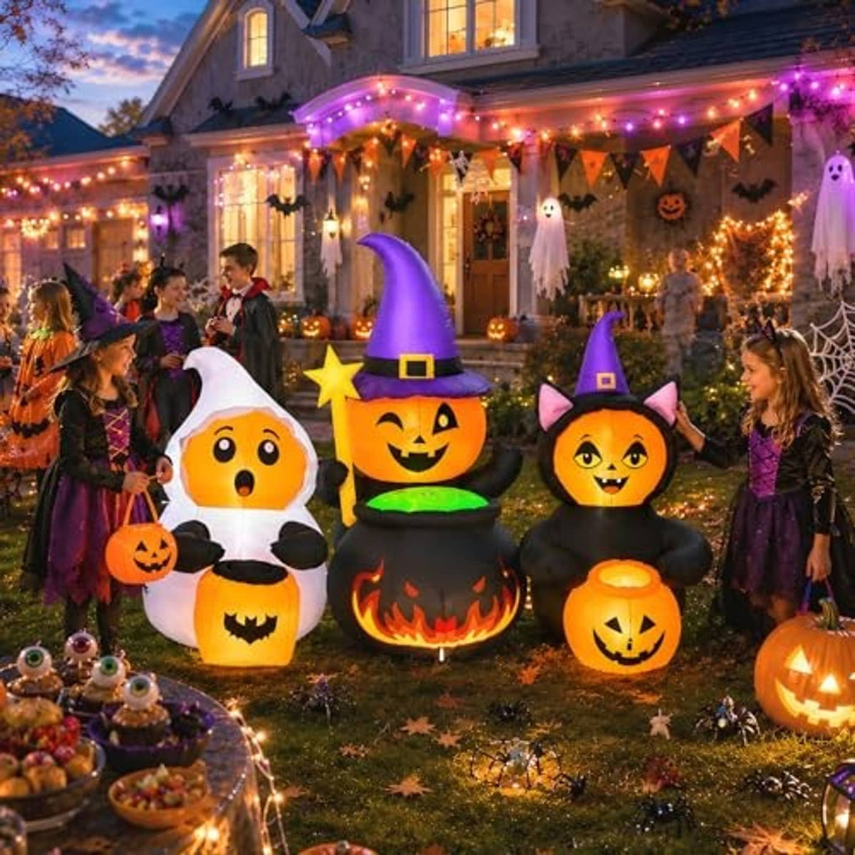 Outdoor Halloween inflatable figures with glowing pumpkin faces, witch hat, and cat on yard