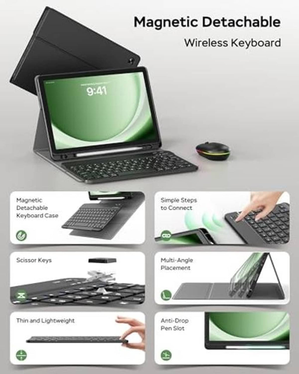 Magnetic detachable tablet keyboard case with wireless mouse