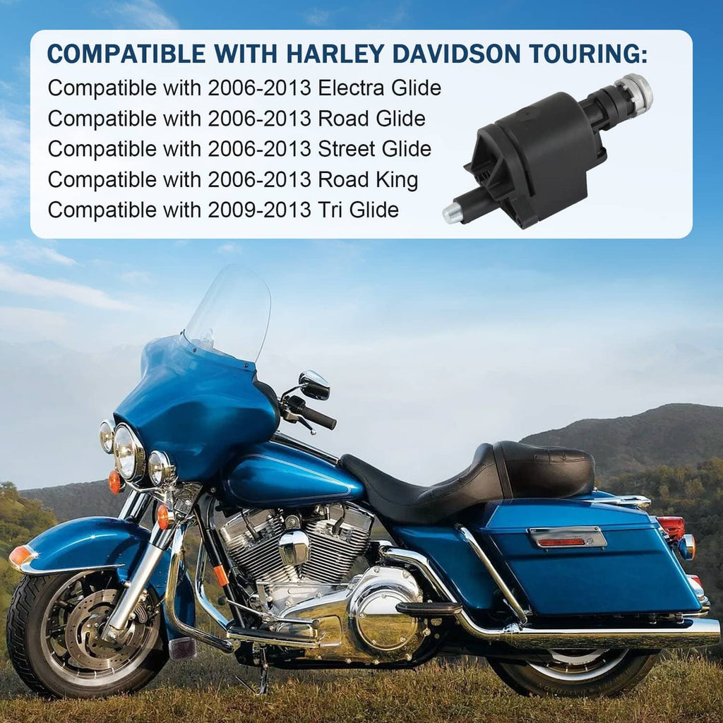 Blue Harley-style touring motorcycle with handlebars, fairing, and ignition area