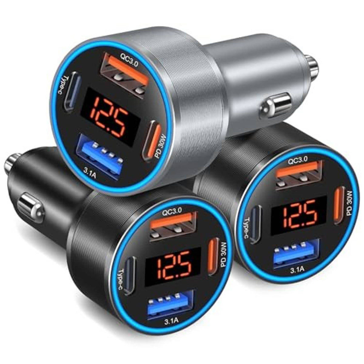 Compact multiport car charger with LED voltage meter and blue-edged USB-C/USB-A ports
