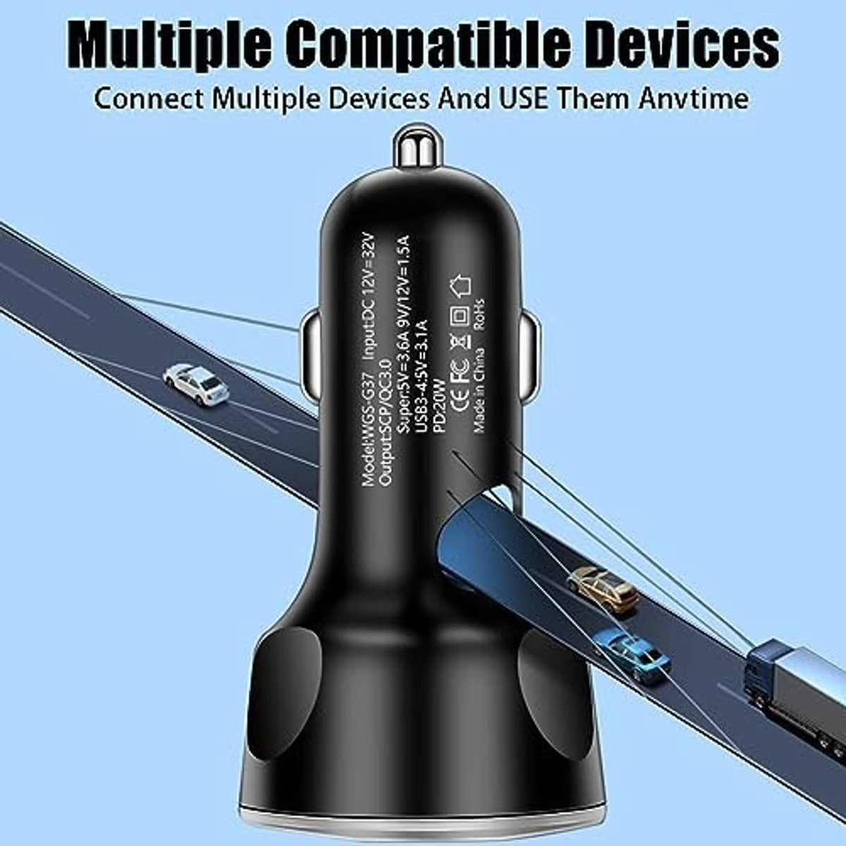 Black car charger with dual-car plug and ports, including Type-C and USB