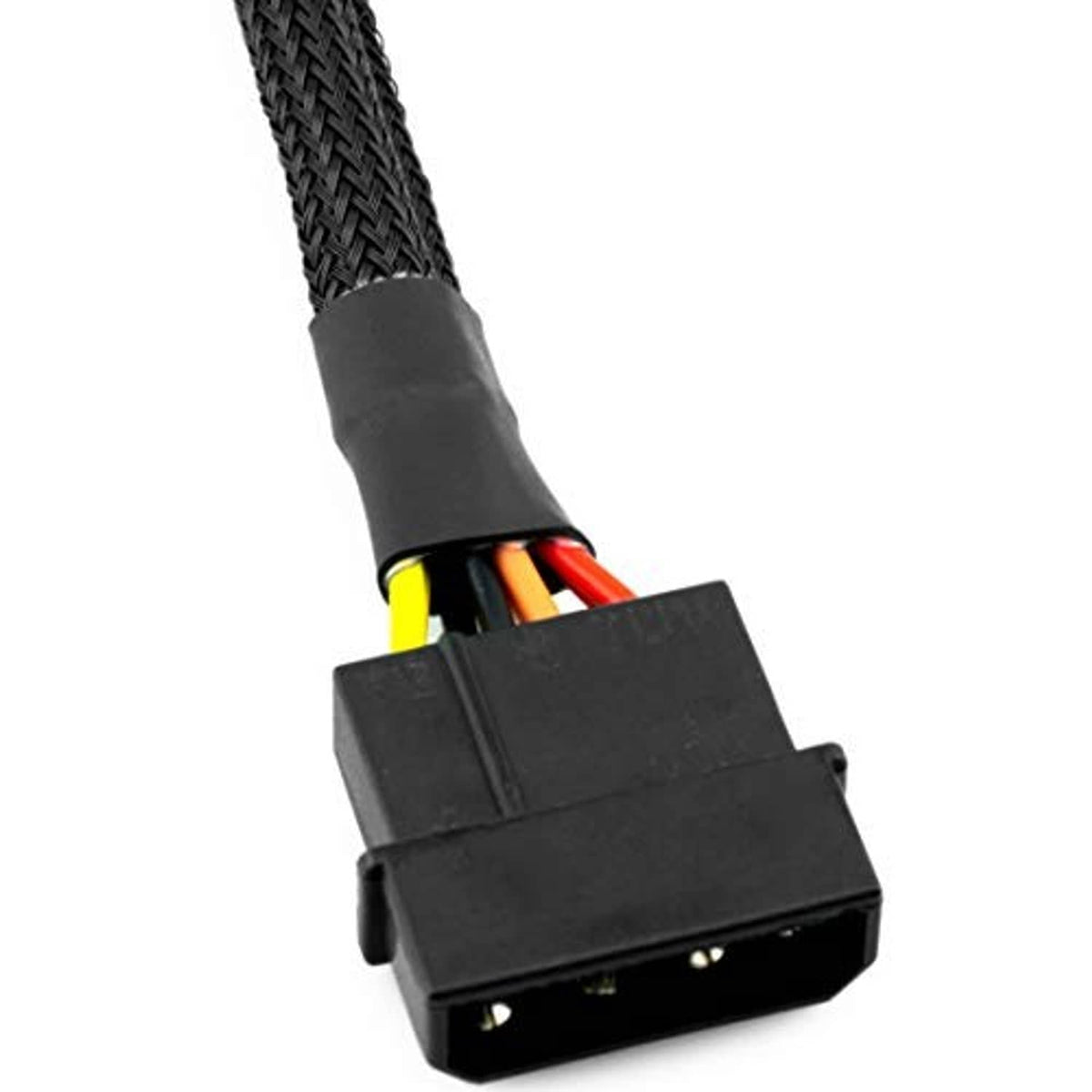 4-pin Molex to dual SATA adapter cable with black Molex plug and open connector ends