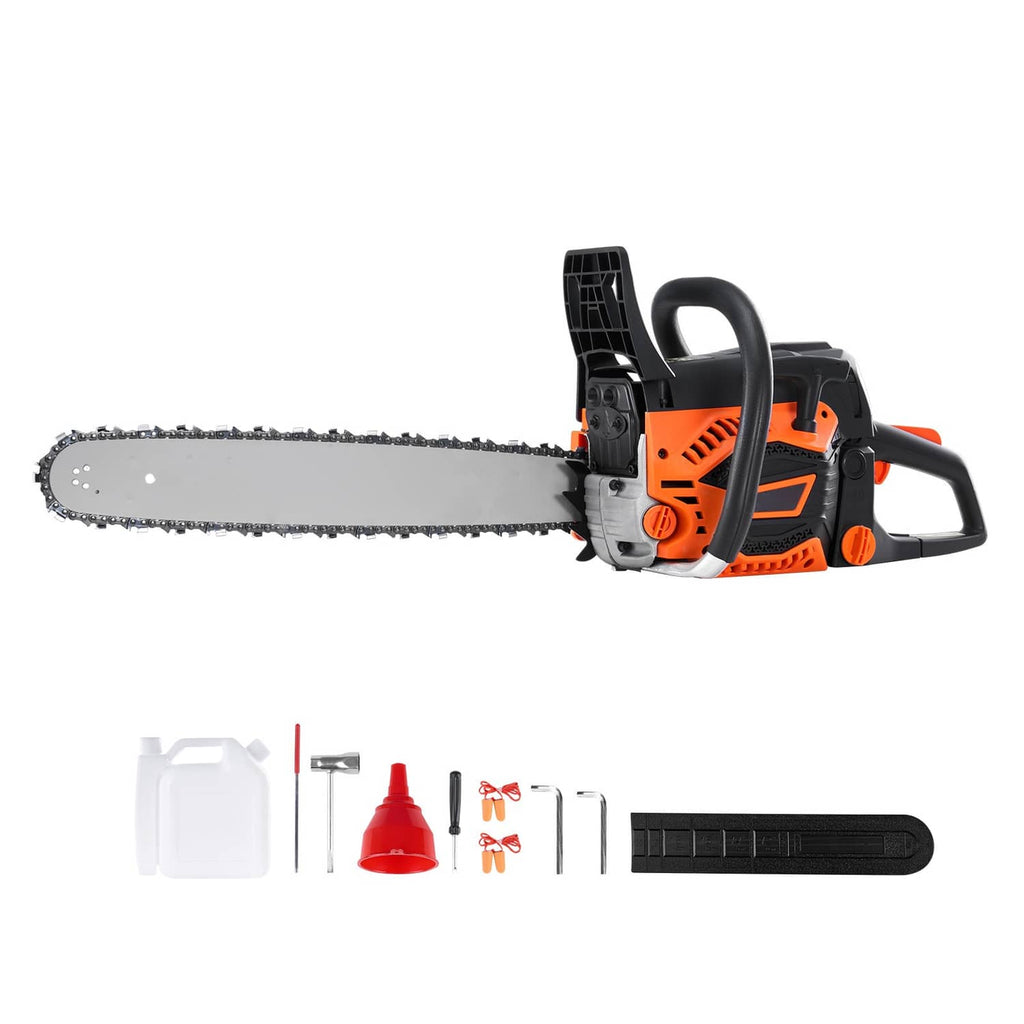 Gasoline chainsaw with 20 in guide bar, orange and black body, includes accessories set