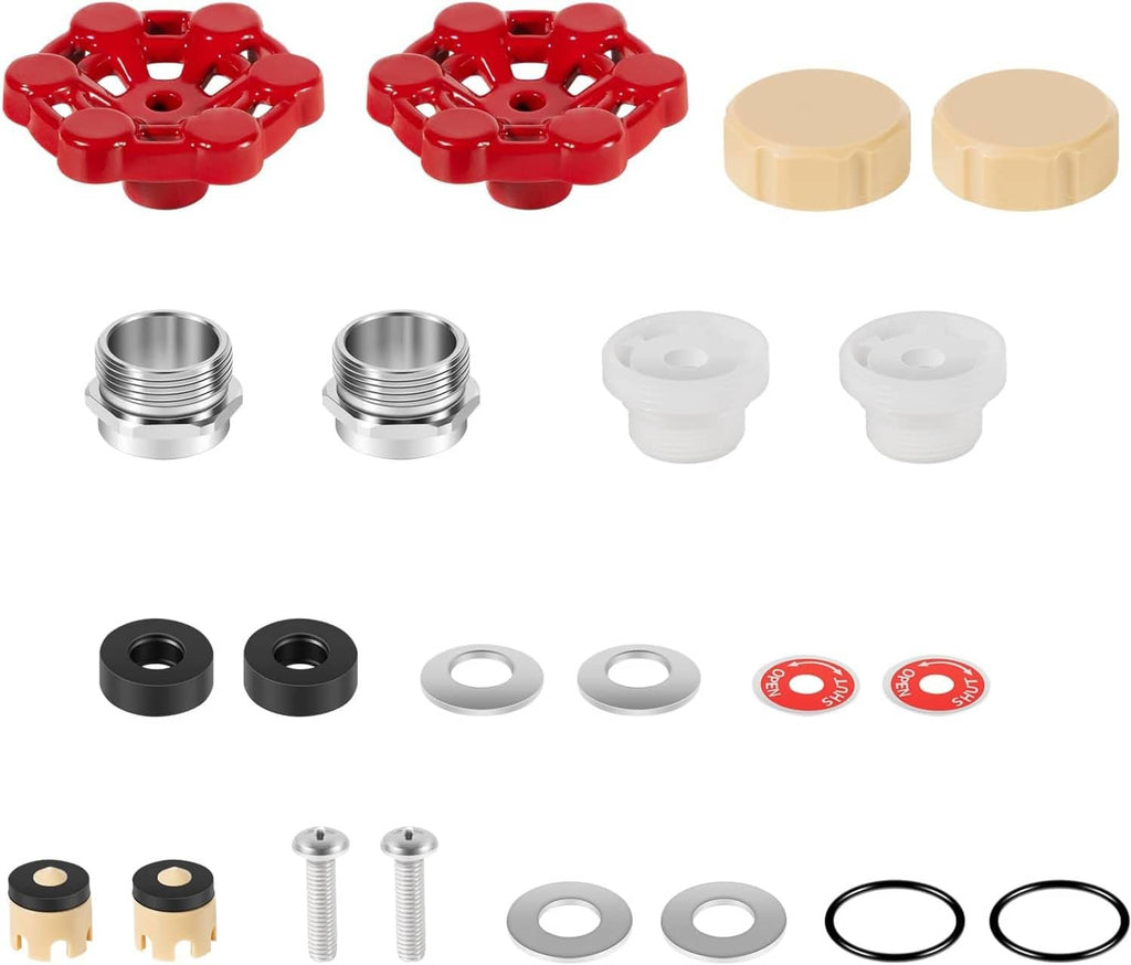 Outdoor faucet repair kit parts laid out: red valve bodies, metal sleeves, white inserts